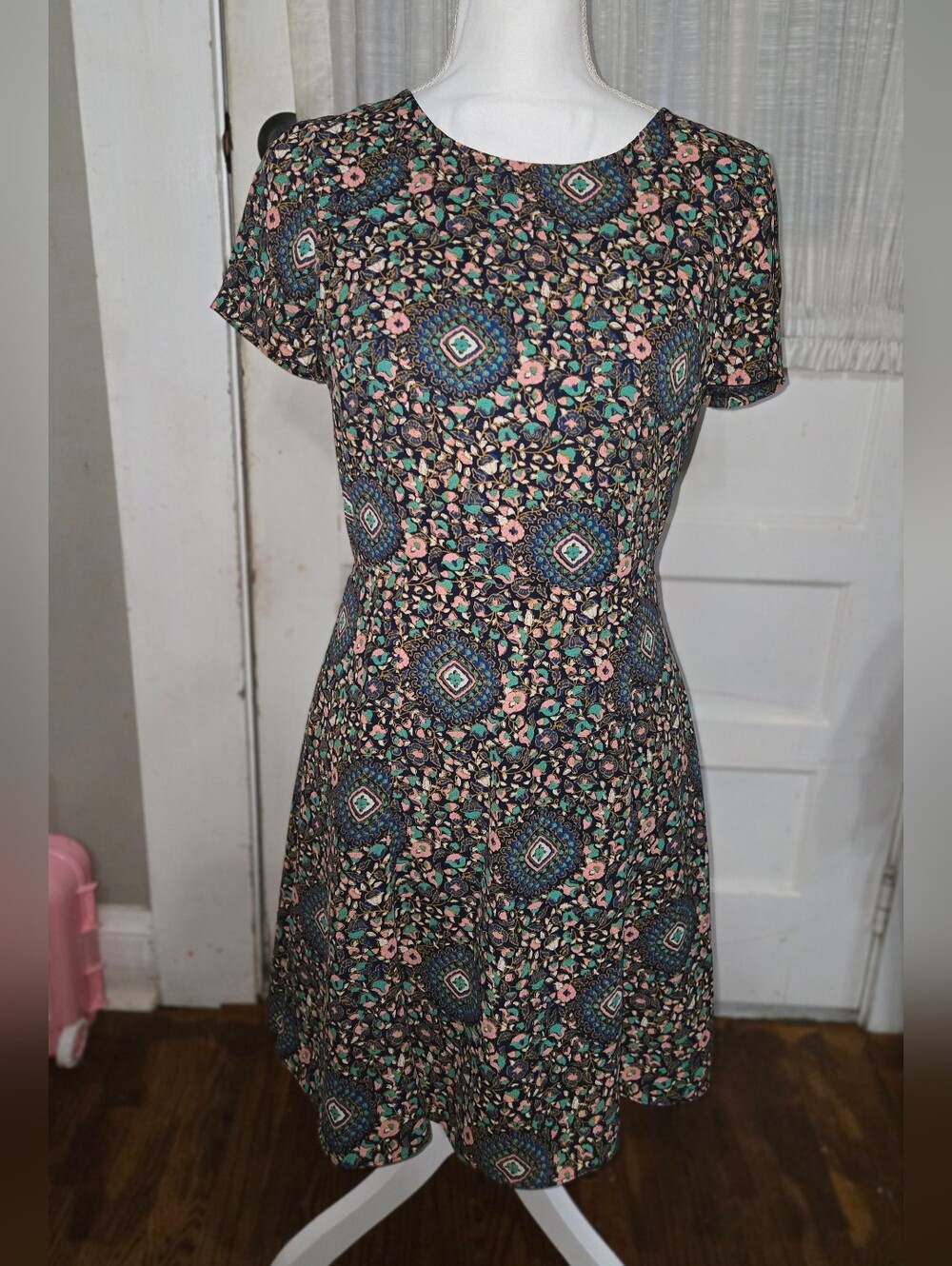 J. Crew Black Dress with Teal and Blush Floral Medallion Print